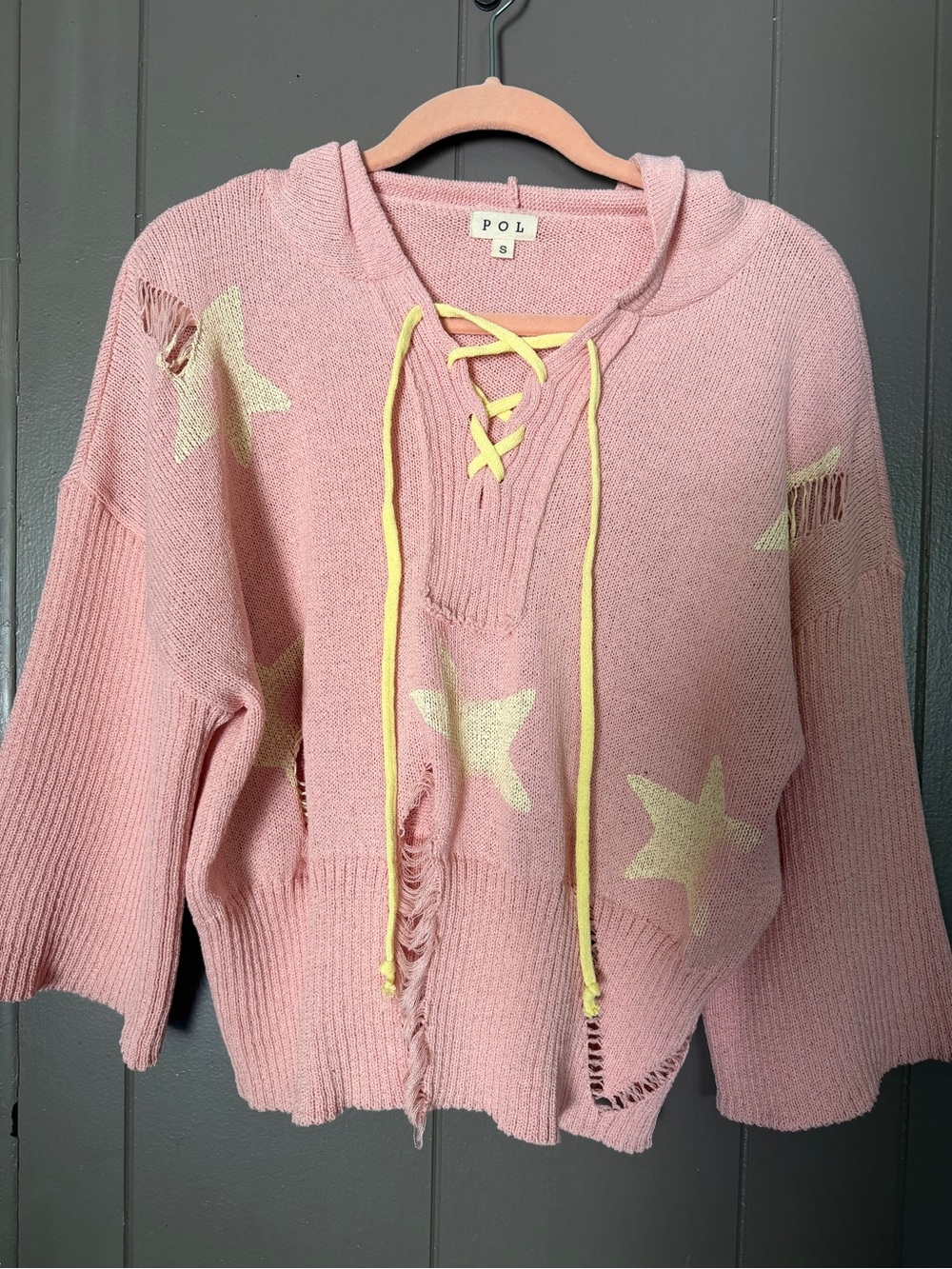 POL Pink Knit Lace-Up V-Neck Sweater with Yellow Drawcords